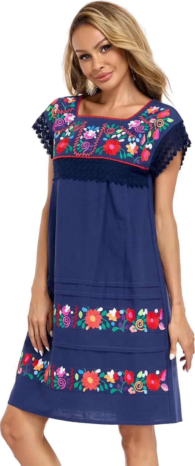 Women Embroidered Mexican Peasent Lace Short Sleeves Dress