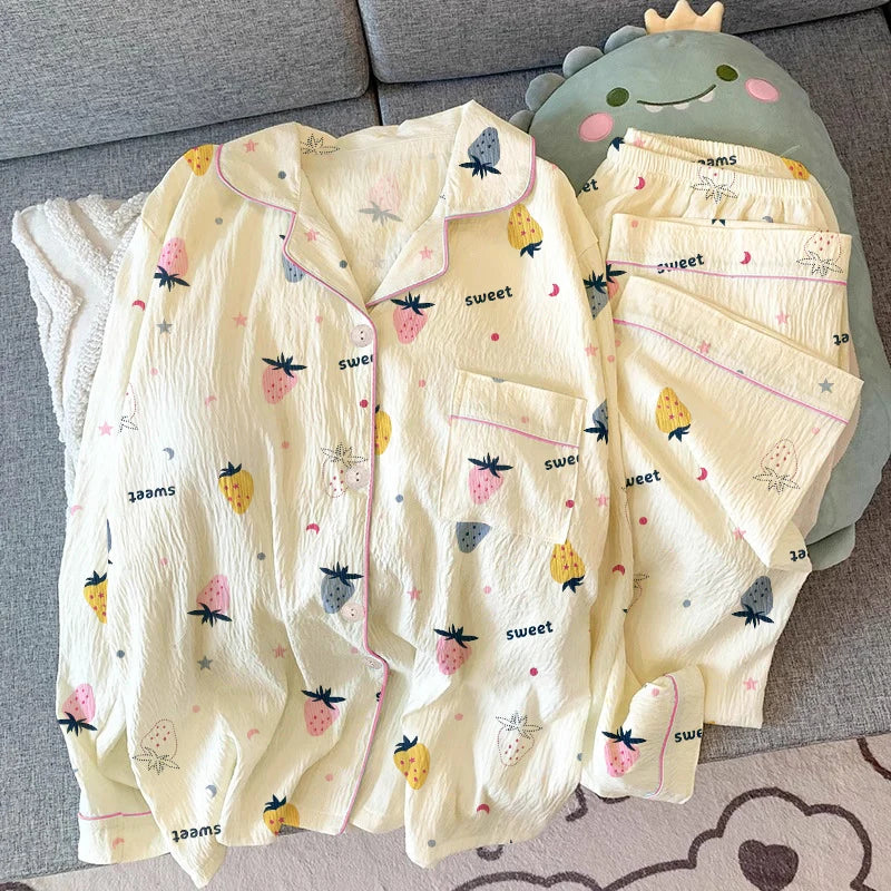 Pink Bow Dtie Design Pajamas for Women Long Sleeve Top & Elastic Waist Pants Pajamas Set Harajuku Style Casual New Home Wear