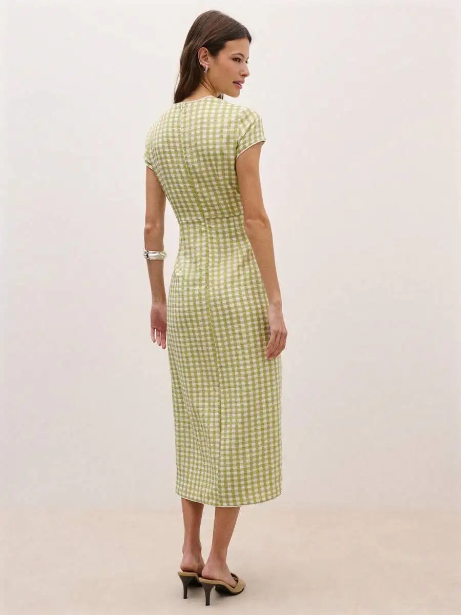 Light Green Gingham Midi Dress With Short Sleeves And Side Buttons