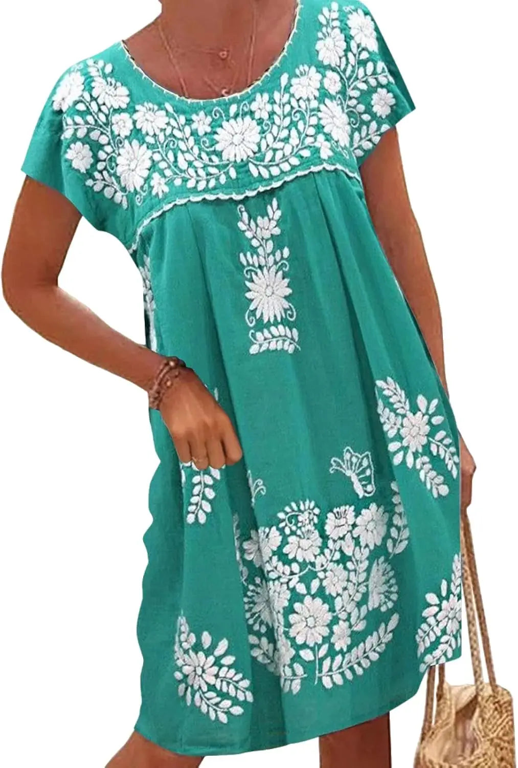 Mexican Dress for Women Short Sleeve Floral Embroidered Fiesta Dress Loose Linen Peasant Dresses