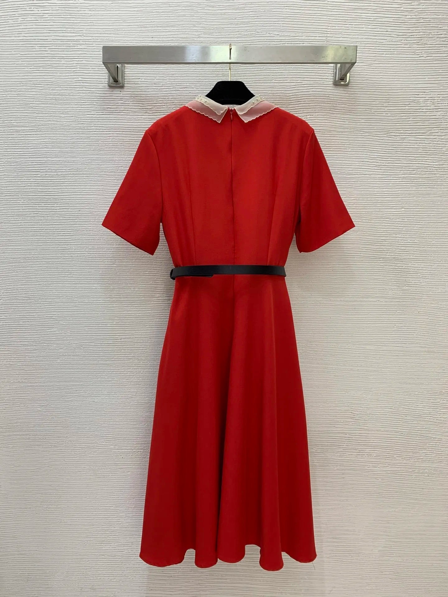 2026 Women New Dress Fashionable Elegant Lace Pearl Decorated Short Sleeved Dress With Belt Waist Control Slimming Effect