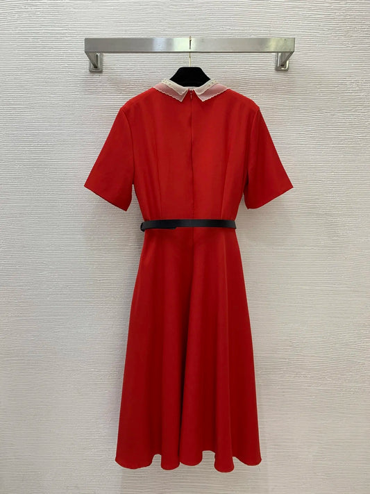 2026 Women New Dress Fashionable Elegant Lace Pearl Decorated Short Sleeved Dress With Belt Waist Control Slimming Effect