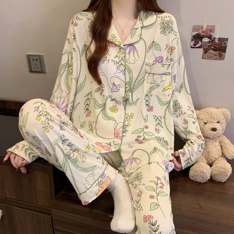 Pink Bow Dtie Design Pajamas for Women Long Sleeve Top & Elastic Waist Pants Pajamas Set Harajuku Style Casual New Home Wear