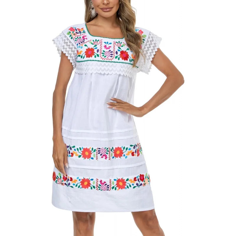 Women Embroidered Mexican Peasent Lace Short Sleeves Dress