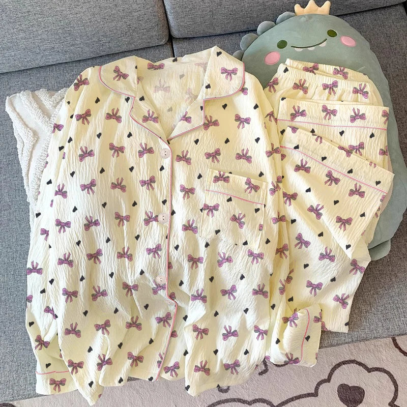 Pink Bow Dtie Design Pajamas for Women Long Sleeve Top & Elastic Waist Pants Pajamas Set Harajuku Style Casual New Home Wear