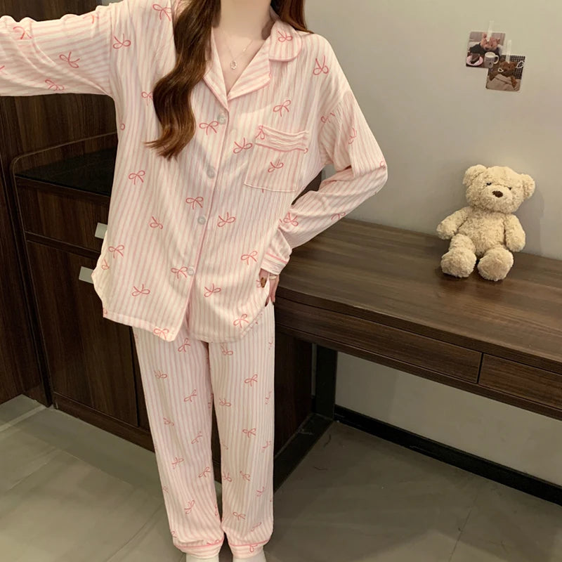 Pink Bow Dtie Design Pajamas for Women Long Sleeve Top & Elastic Waist Pants Pajamas Set Harajuku Style Casual New Home Wear