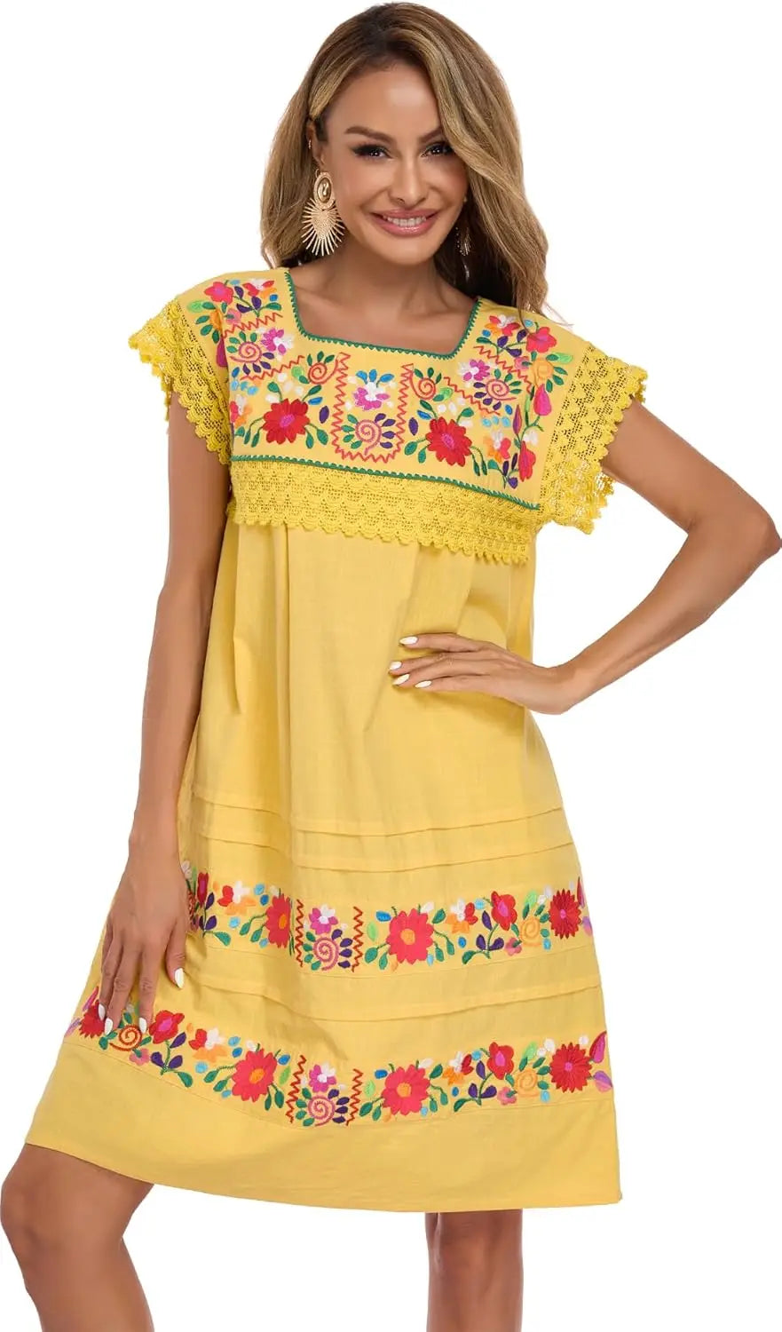 Women Embroidered Mexican Peasent Lace Short Sleeves Dress