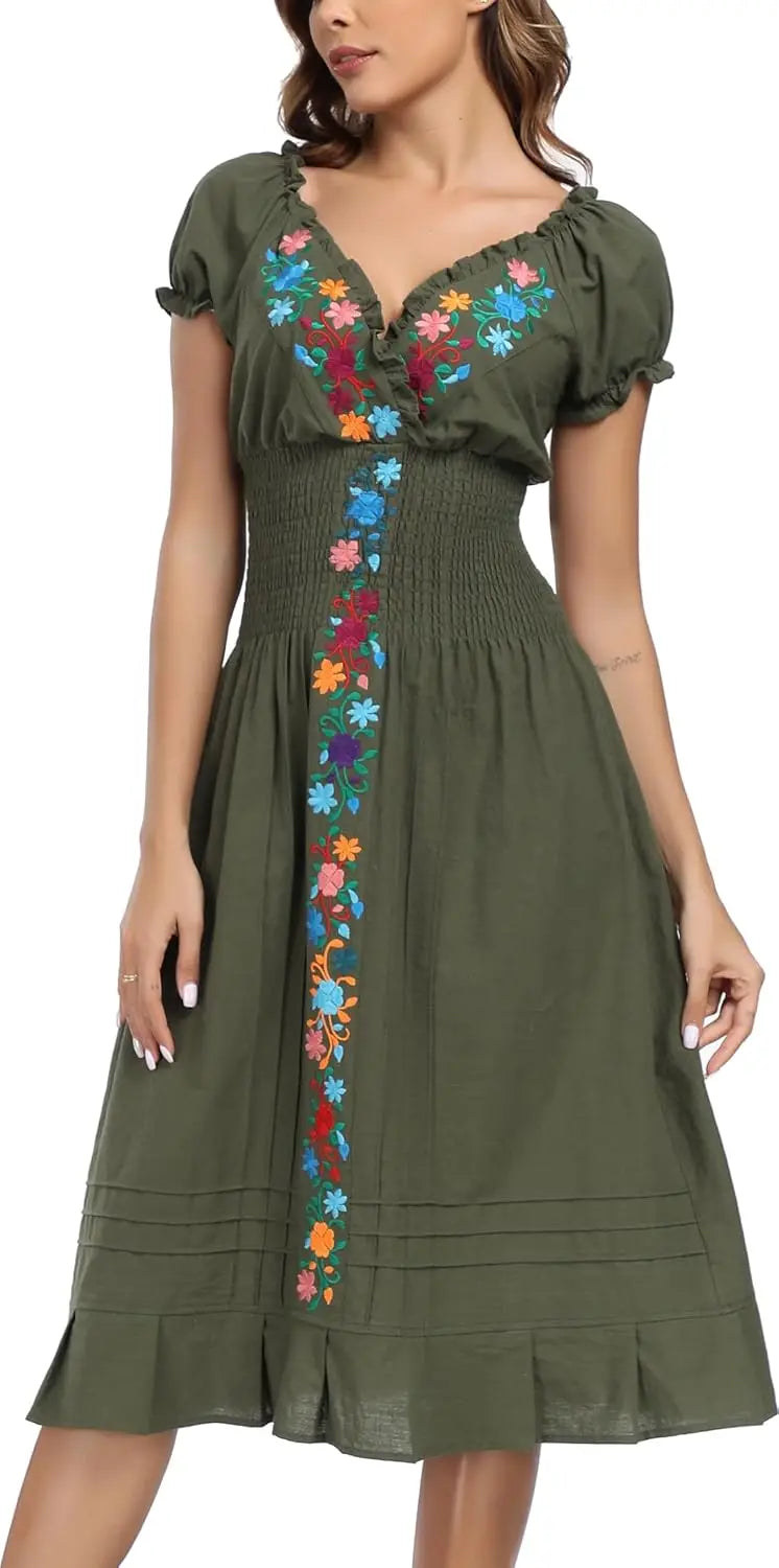 Women Mexican Embroidered Casual Dress Summer Ruffle V Neck Short Sleeves