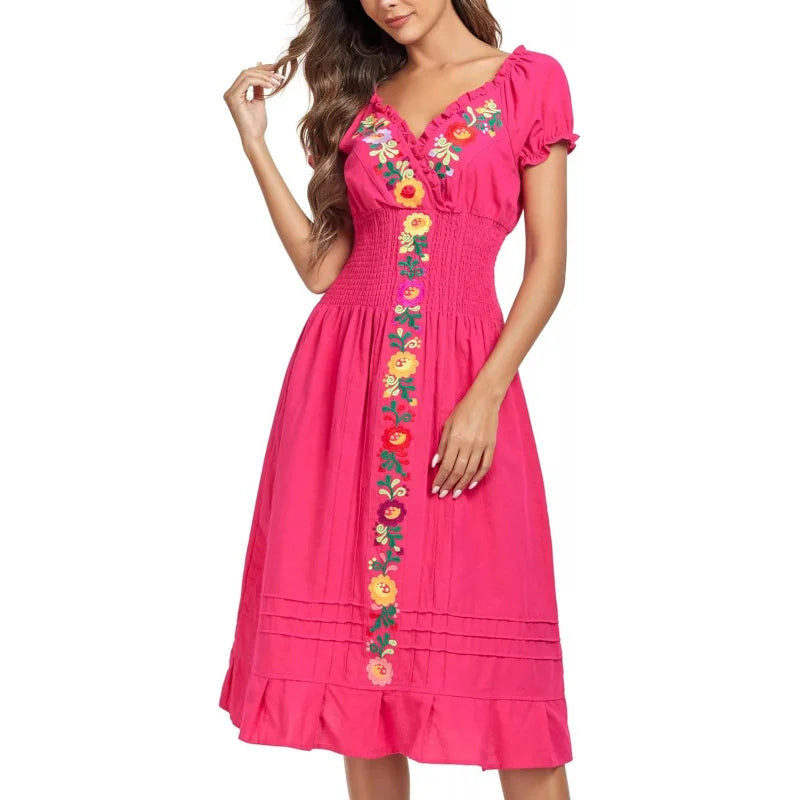 Women Mexican Embroidered Casual Dress Summer Ruffle V Neck Short Sleeves