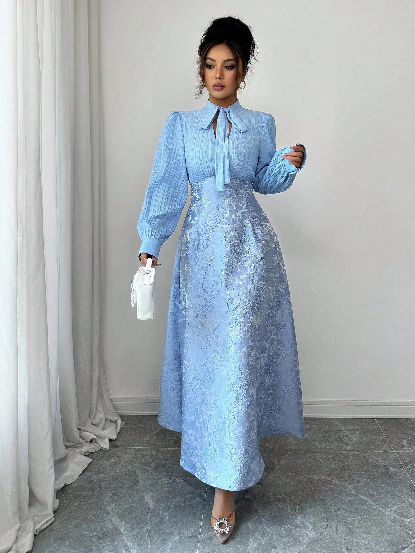 Elegant Light Blue A-Line Long Sleeve Dress with Bow Neck and Jacquard Skirt