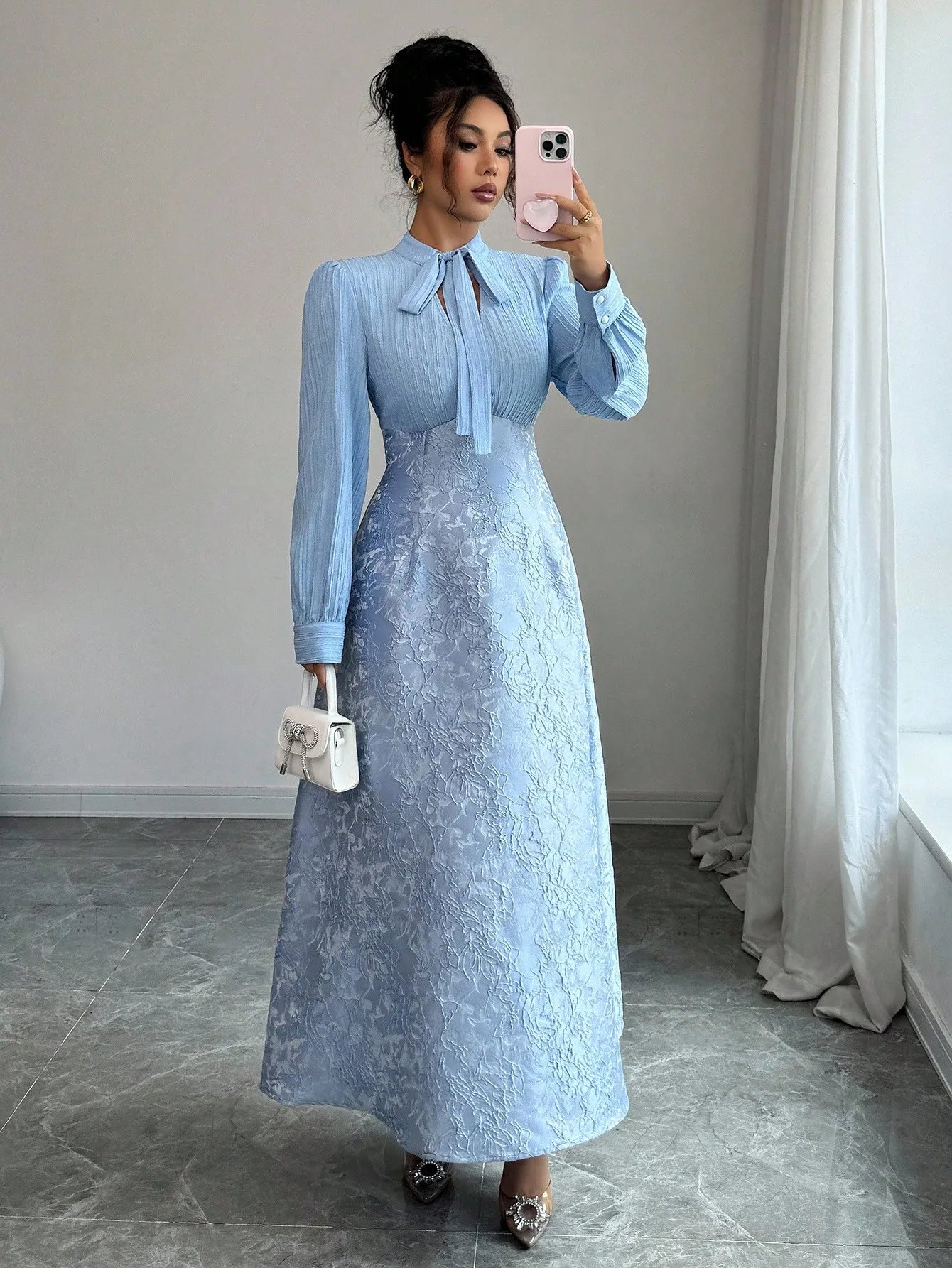 Elegant Light Blue A-Line Long Sleeve Dress with Bow Neck and Jacquard Skirt