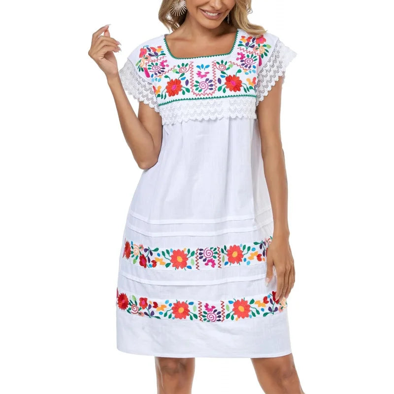 Women Embroidered Mexican Peasent Lace Short Sleeves Dress