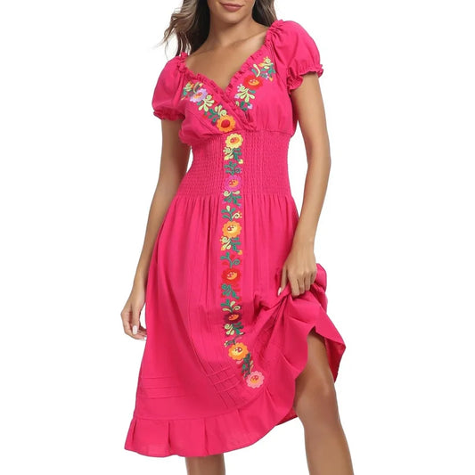 Women Mexican Embroidered Casual Dress Summer Ruffle V Neck Short Sleeves