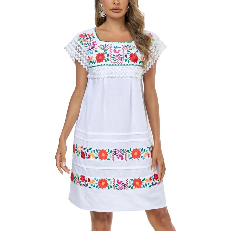 Women Embroidered Mexican Peasent Lace Short Sleeves Dress