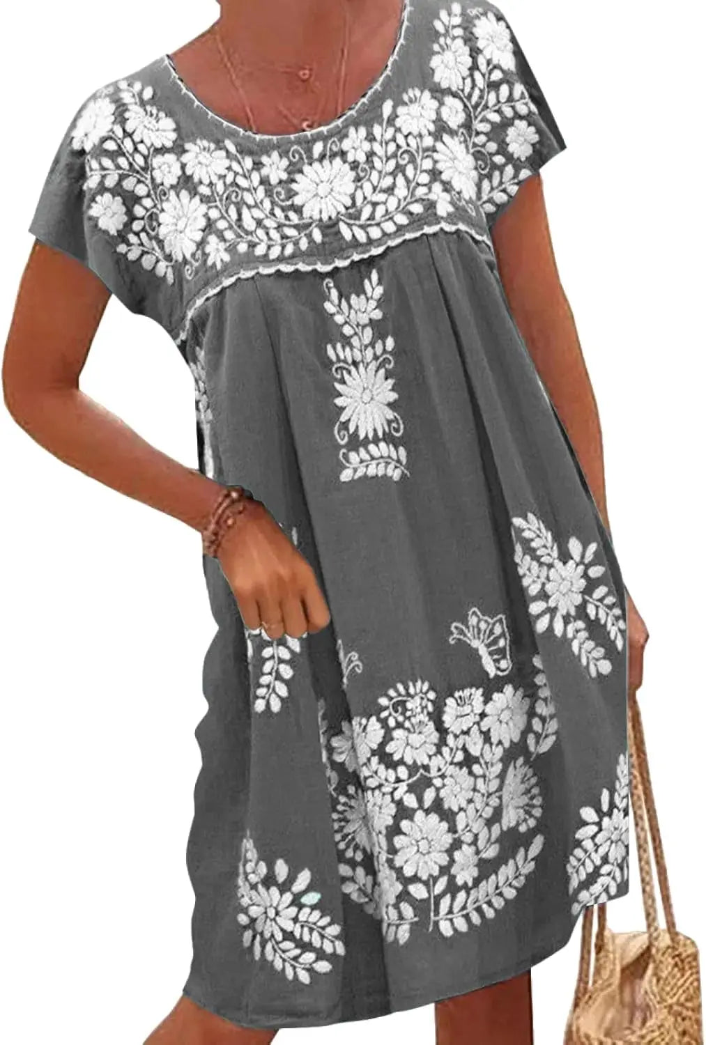 Mexican Dress for Women Short Sleeve Floral Embroidered Fiesta Dress Loose Linen Peasant Dresses