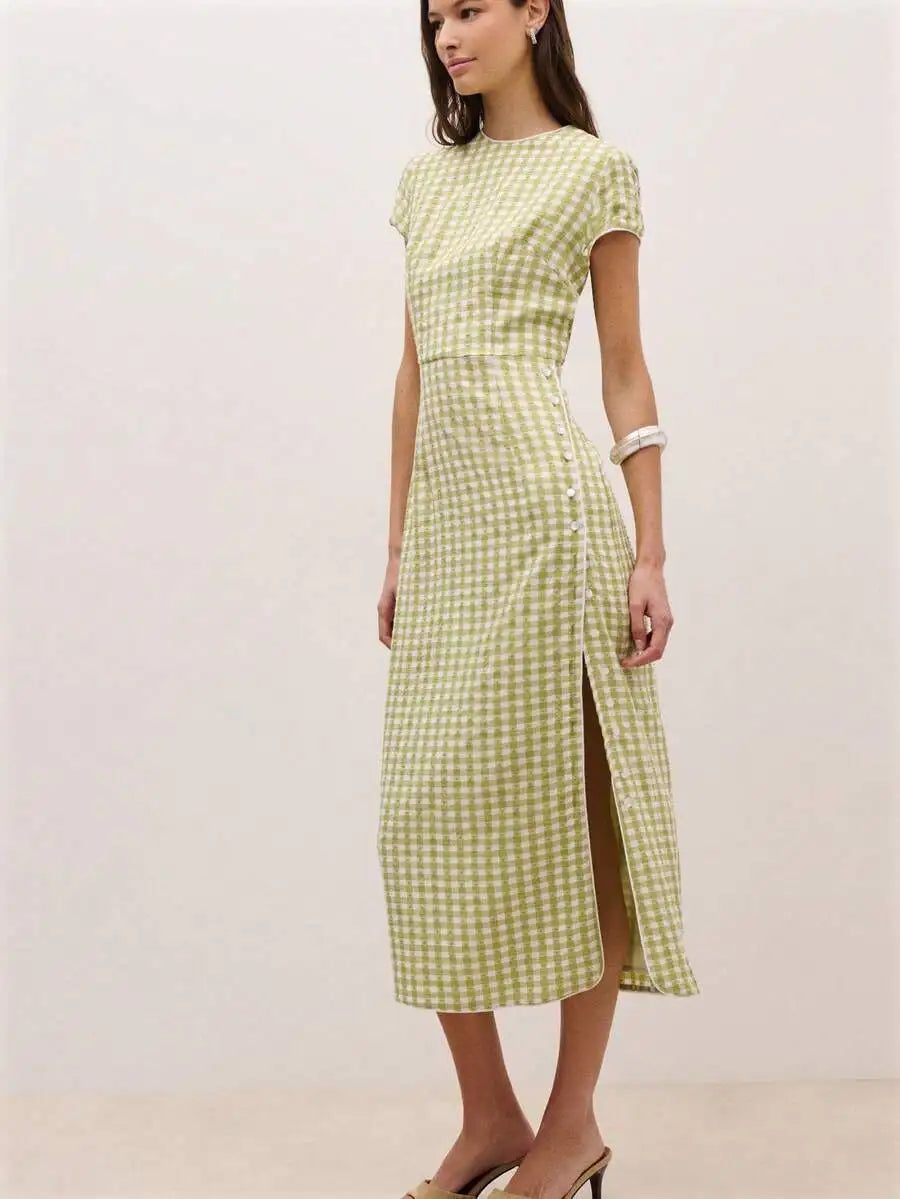 Light Green Gingham Midi Dress With Short Sleeves And Side Buttons