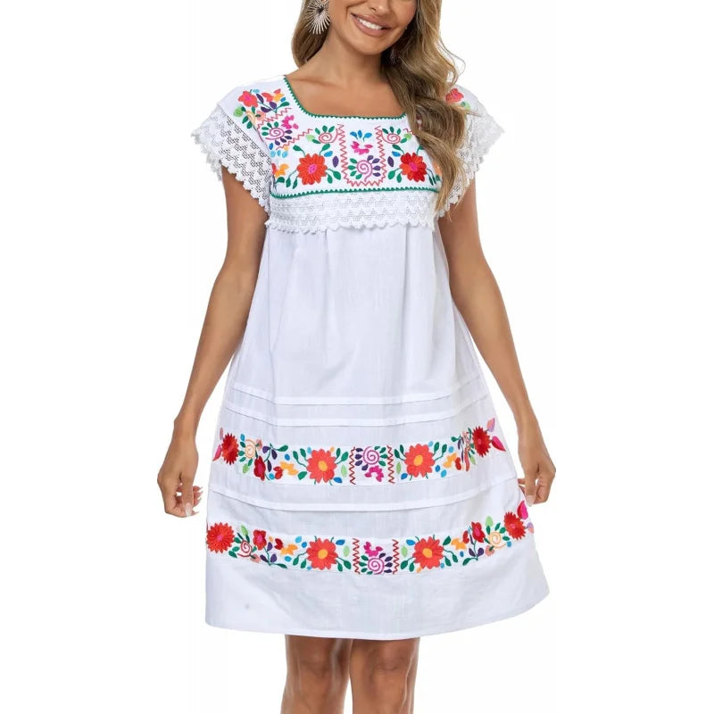 Women Embroidered Mexican Peasent Lace Short Sleeves Dress