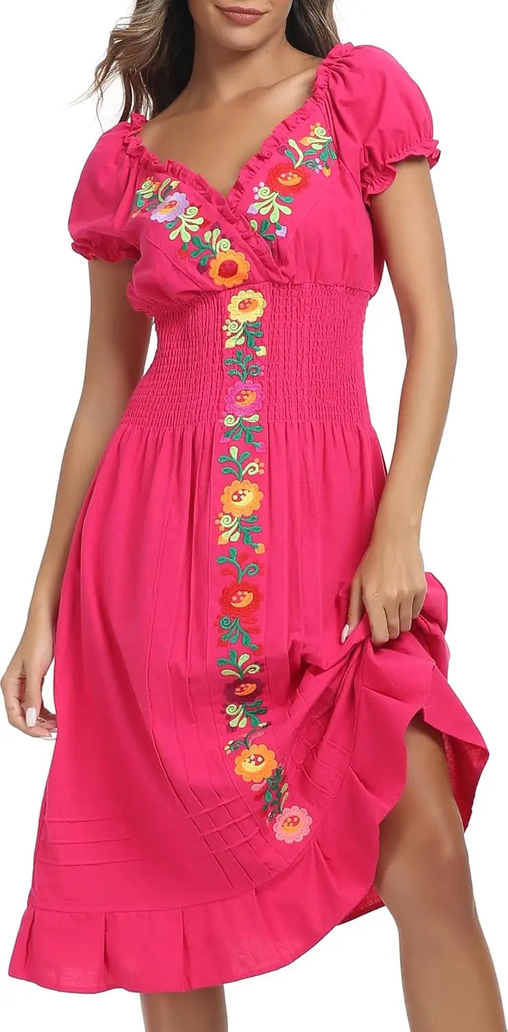 Women Mexican Embroidered Casual Dress Summer Ruffle V Neck Short Sleeves