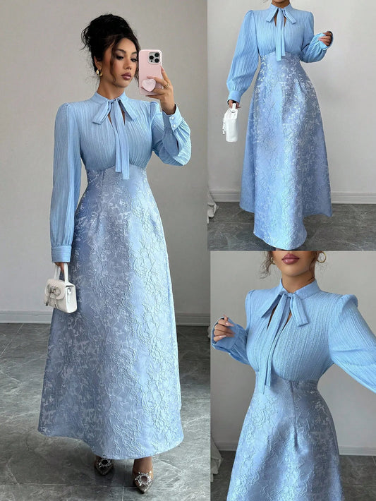 Elegant Light Blue A-Line Long Sleeve Dress with Bow Neck and Jacquard Skirt