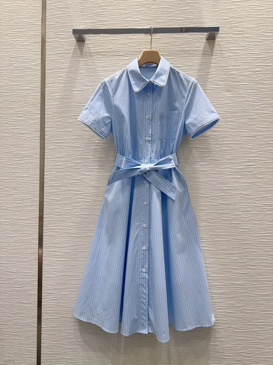 Women's Short Sleeve Open Front Button Lapel  Collar Belted Dress Spring Summer Fashion Elegant