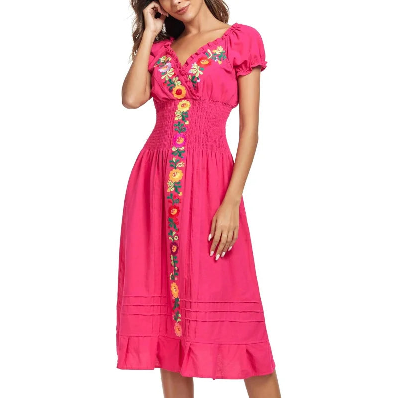 Women Mexican Embroidered Casual Dress Summer Ruffle V Neck Short Sleeves