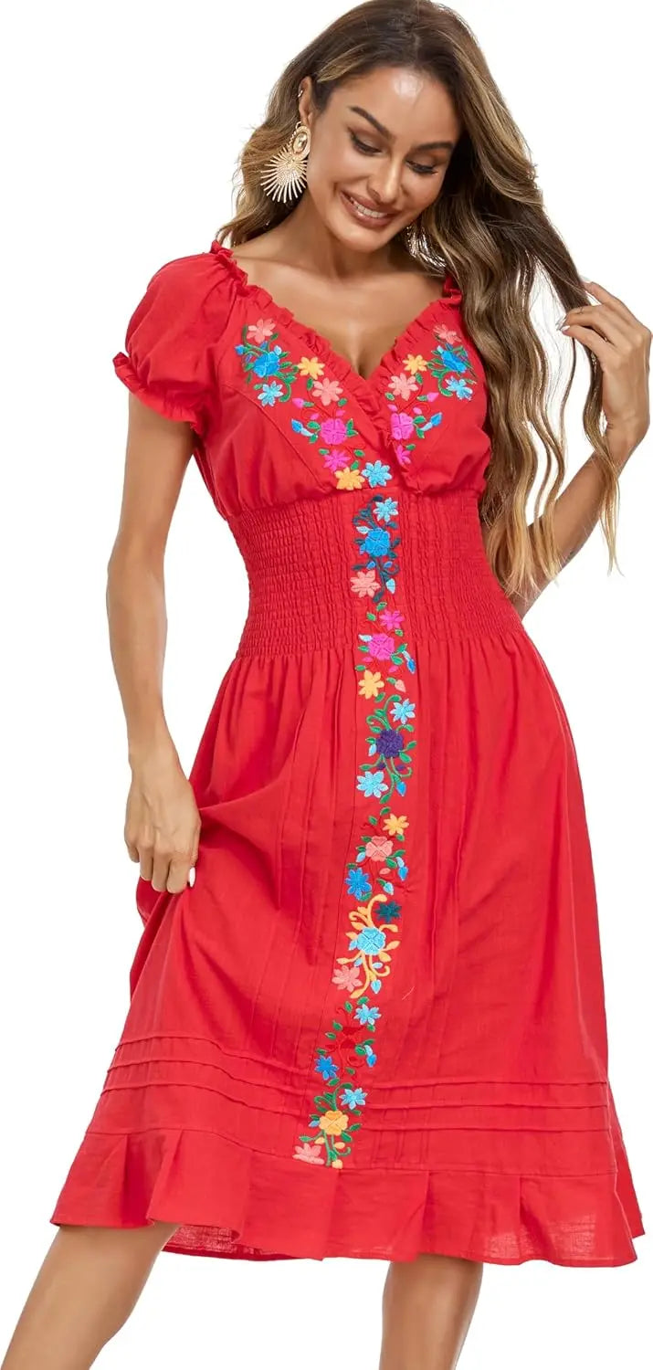 Women Mexican Embroidered Casual Dress Summer Ruffle V Neck Short Sleeves