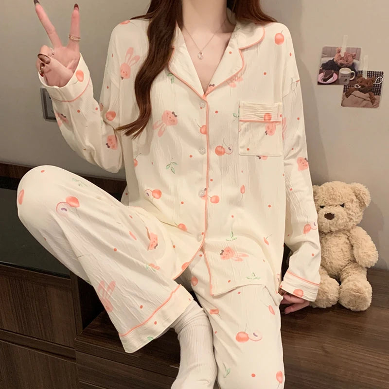 Pink Bow Dtie Design Pajamas for Women Long Sleeve Top & Elastic Waist Pants Pajamas Set Harajuku Style Casual New Home Wear