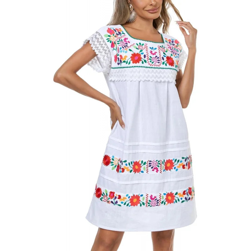 Women Embroidered Mexican Peasent Lace Short Sleeves Dress