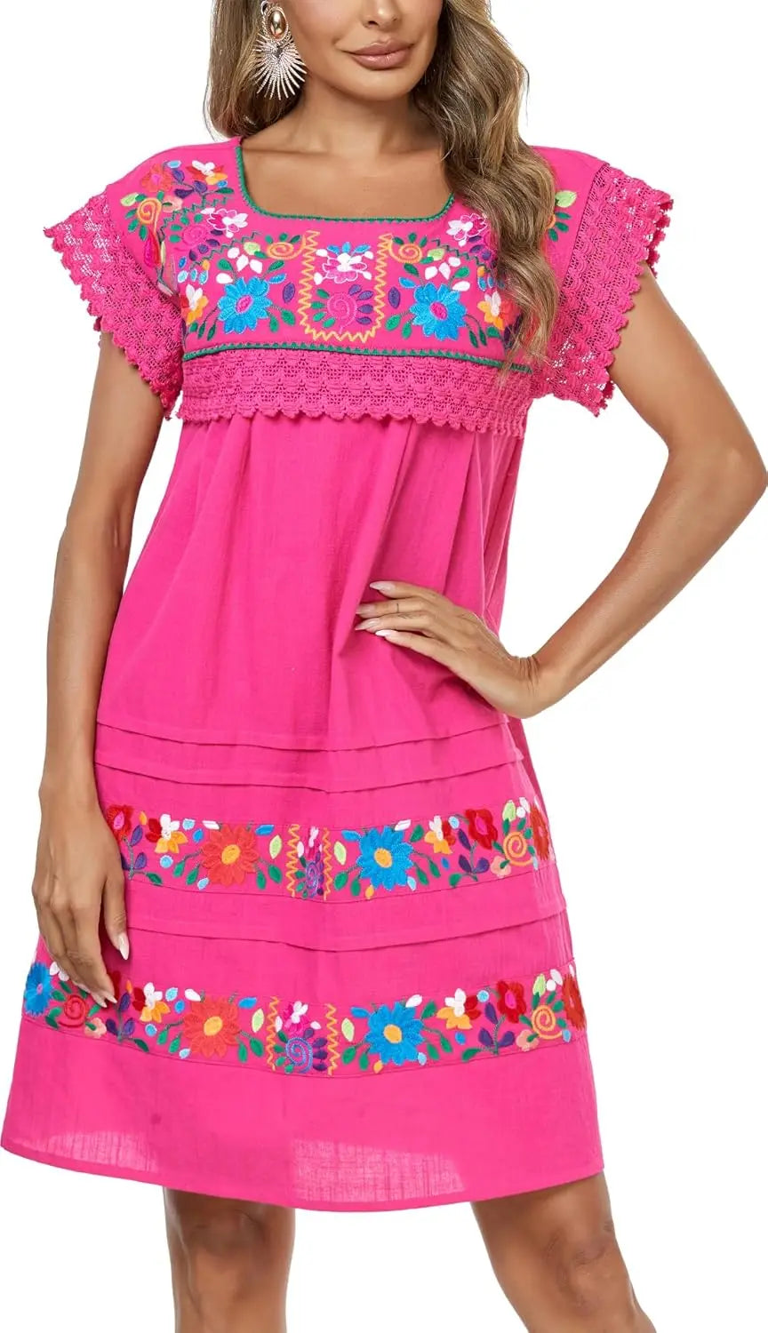 Women Embroidered Mexican Peasent Lace Short Sleeves Dress