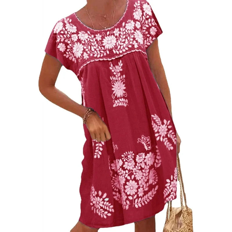 Mexican Dress for Women Short Sleeve Floral Embroidered Fiesta Dress Loose Linen Peasant Dresses