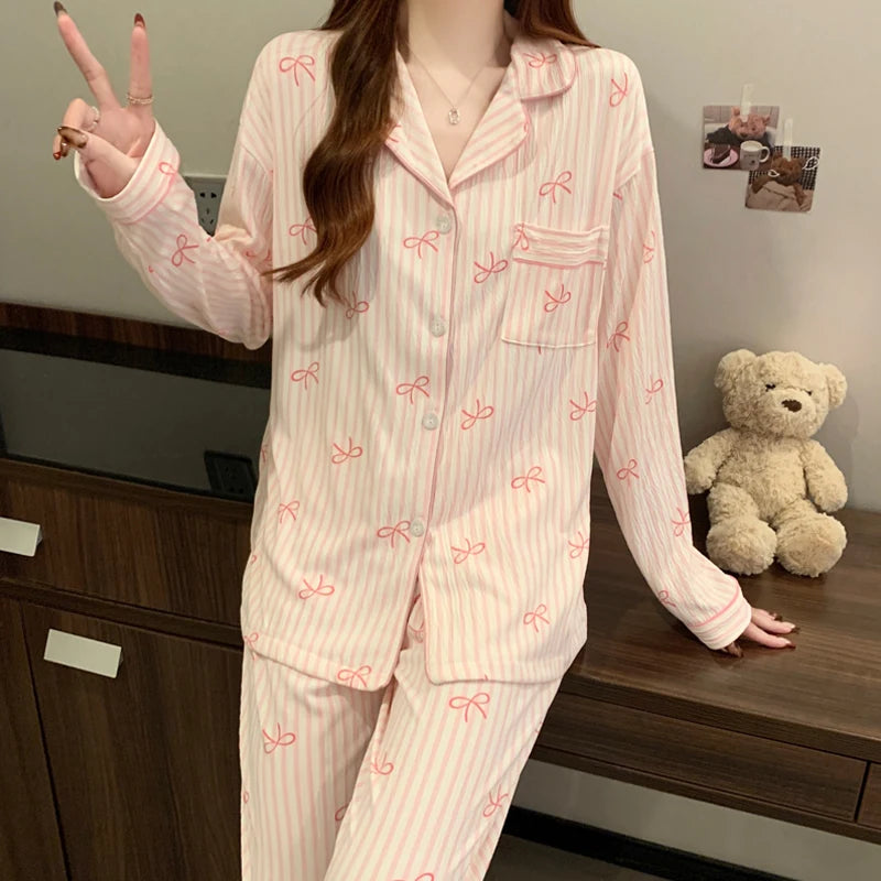 Pink Bow Dtie Design Pajamas for Women Long Sleeve Top & Elastic Waist Pants Pajamas Set Harajuku Style Casual New Home Wear