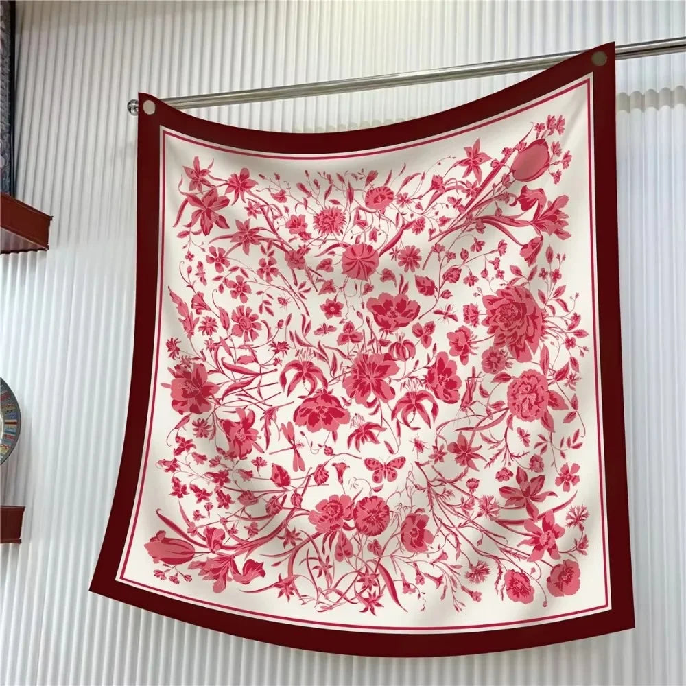Silk Scarf Women Floral Printed Square Scarves Head Echarpes Silk Foulards Femme Wraps Beach Shawls Bandana Lady Hijabs 90CM