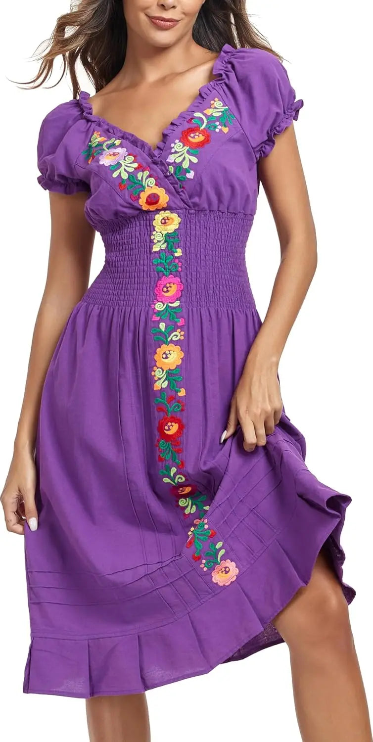 Women Mexican Embroidered Casual Dress Summer Ruffle V Neck Short Sleeves