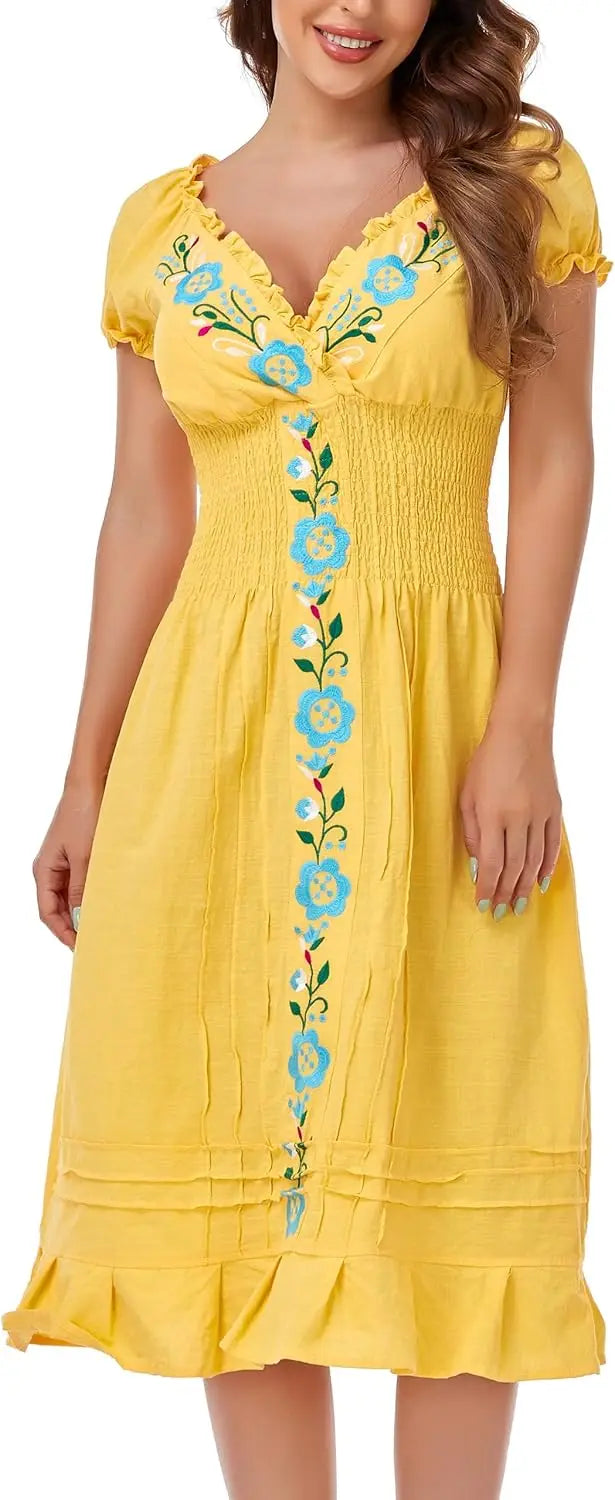 Women Mexican Embroidered Casual Dress Summer Ruffle V Neck Short Sleeves