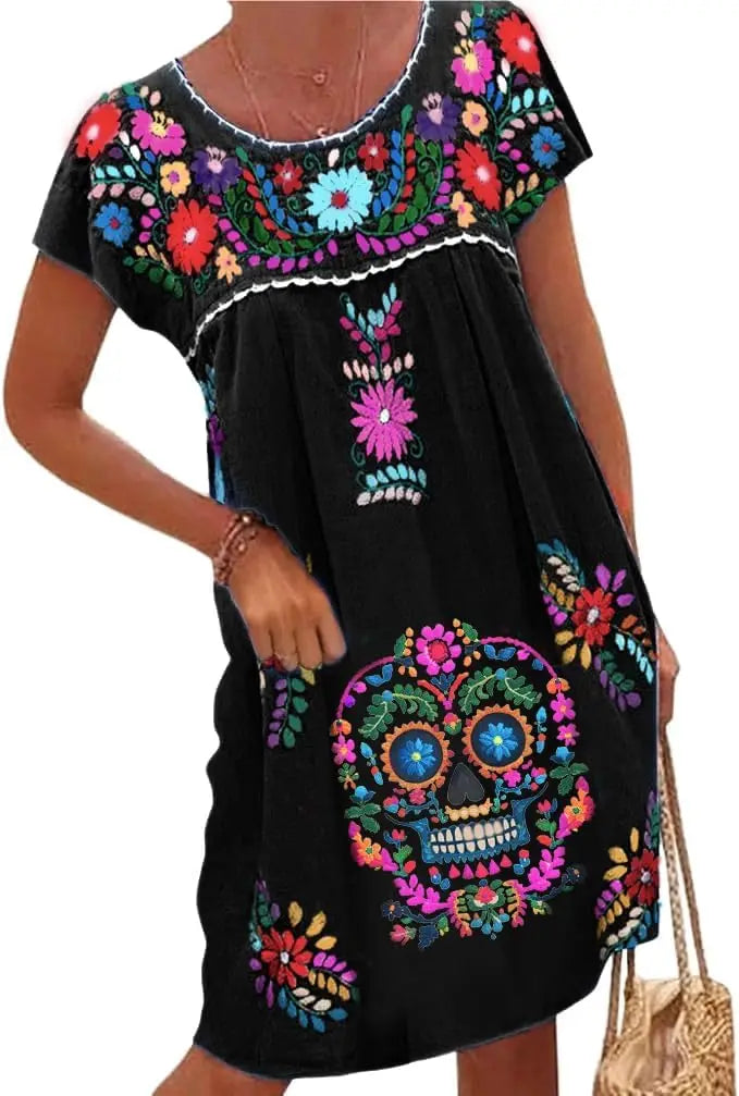 Mexican Dress for Women Short Sleeve Floral Embroidered Fiesta Dress Loose Linen Peasant Dresses