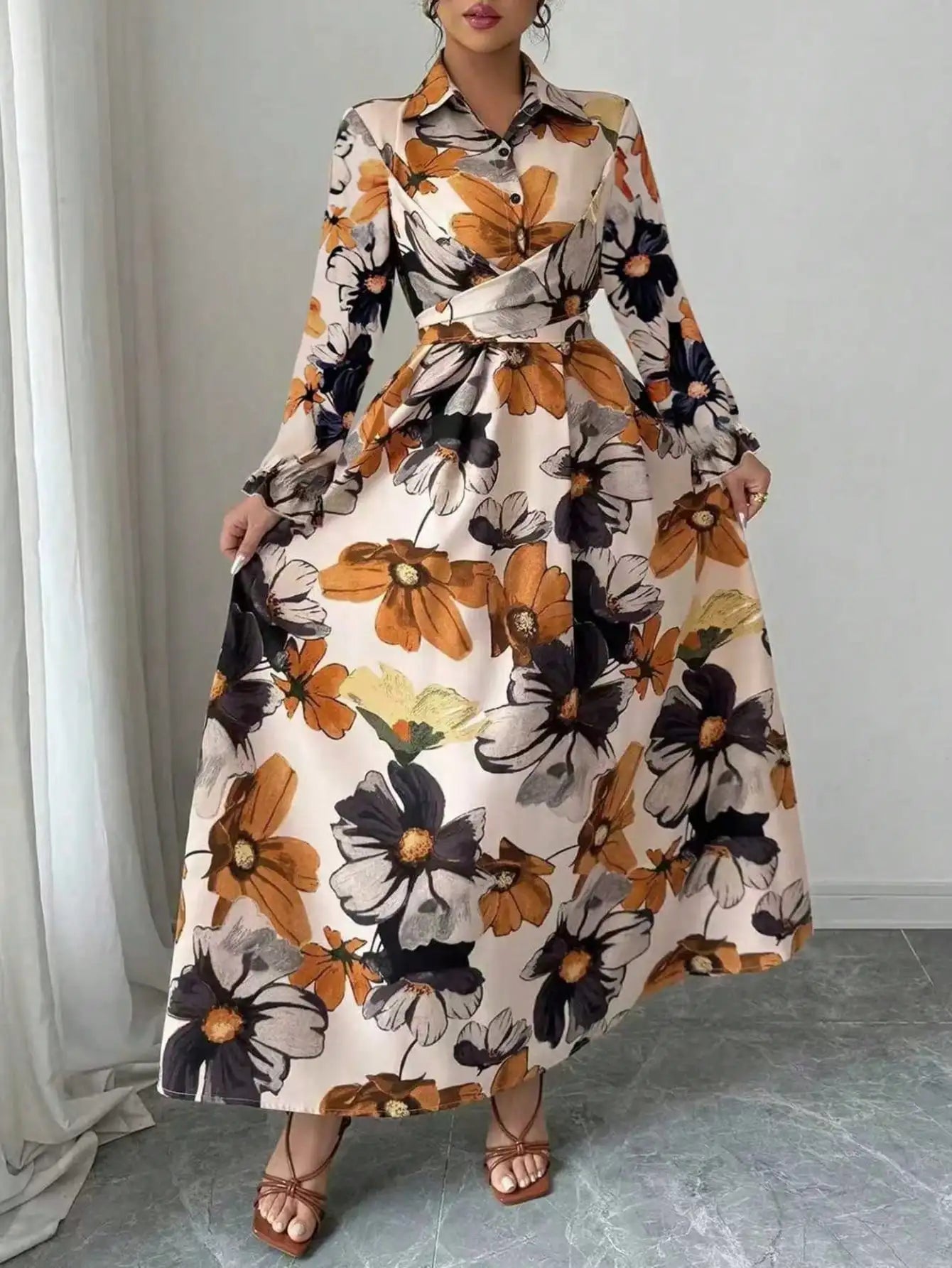 Elegant Floral Print Wrap Front Button Belted Maxi Dress for Autumn Occasions