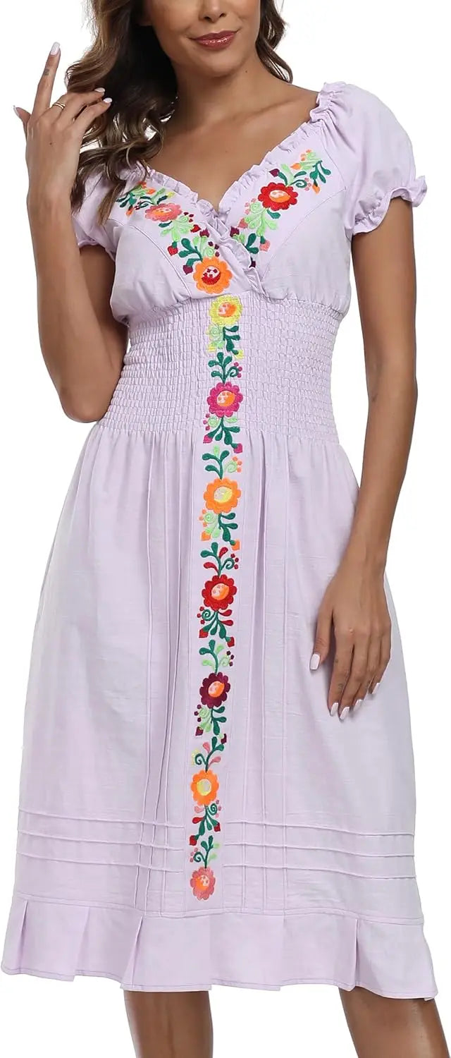 Women Mexican Embroidered Casual Dress Summer Ruffle V Neck Short Sleeves