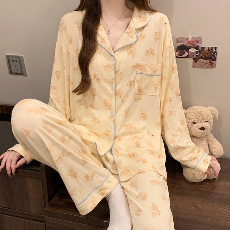 Pink Bow Dtie Design Pajamas for Women Long Sleeve Top & Elastic Waist Pants Pajamas Set Harajuku Style Casual New Home Wear