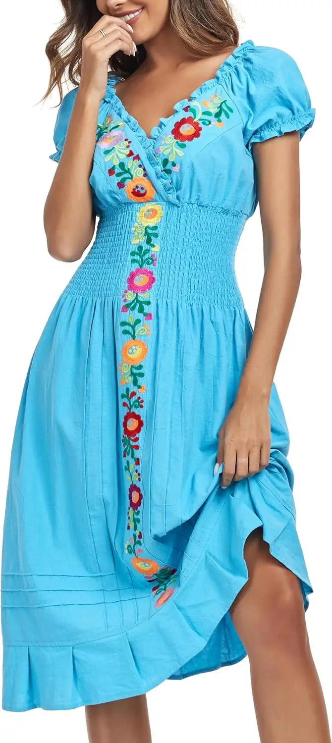 Women Mexican Embroidered Casual Dress Summer Ruffle V Neck Short Sleeves