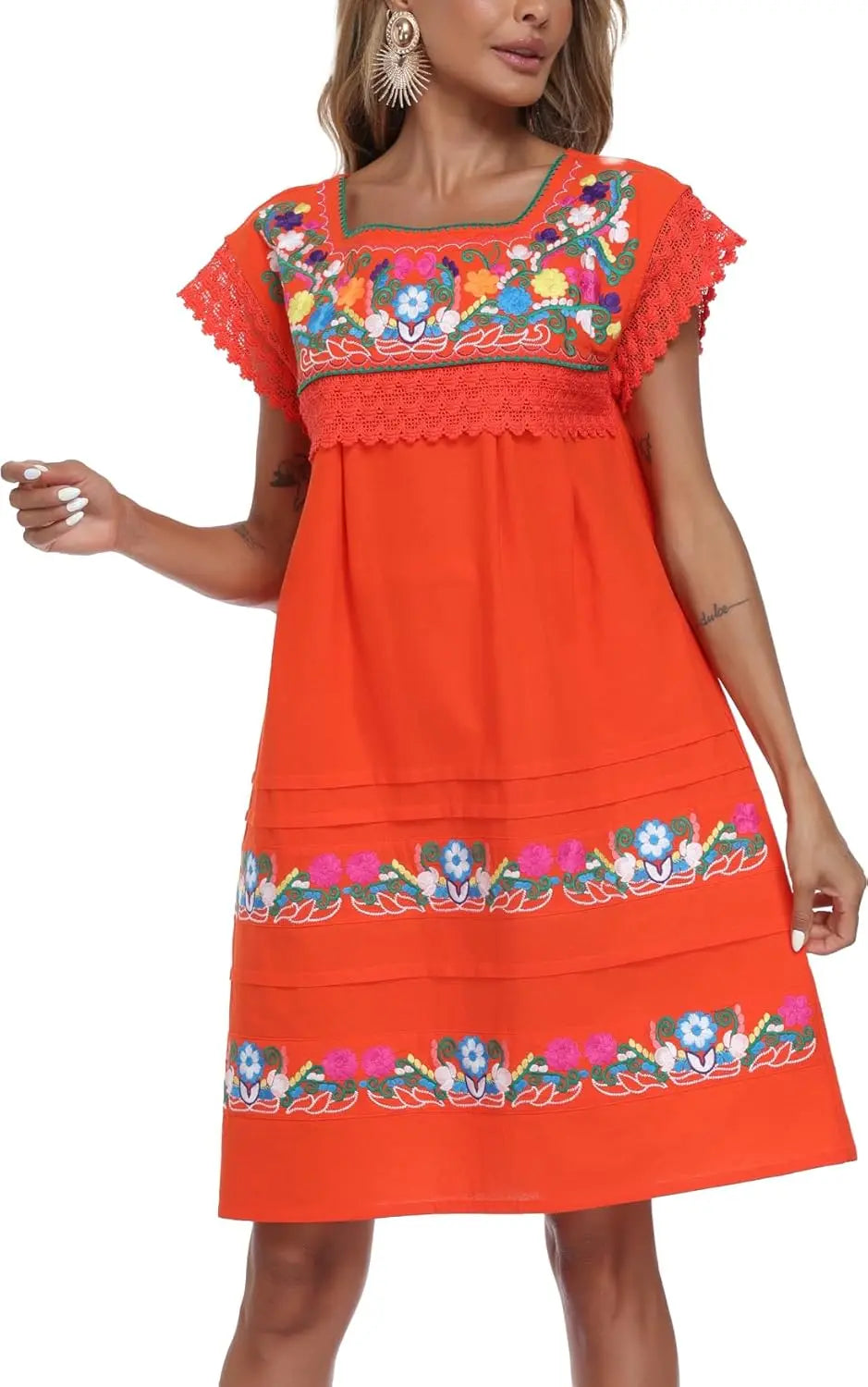 Women Embroidered Mexican Peasent Lace Short Sleeves Dress