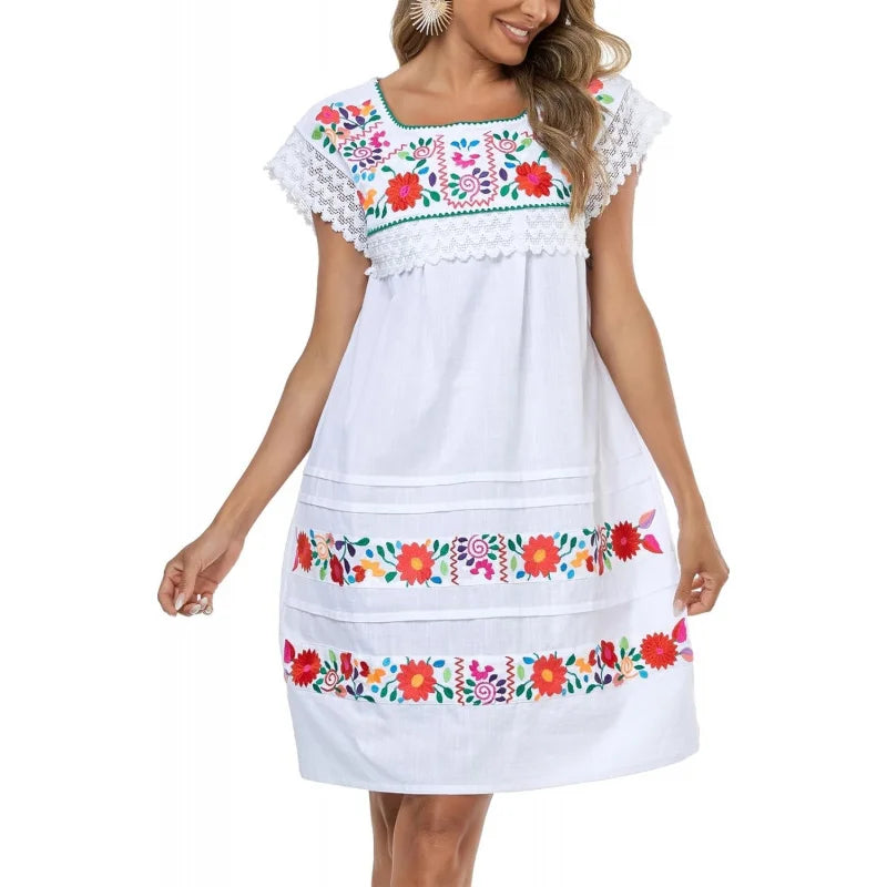 Women Embroidered Mexican Peasent Lace Short Sleeves Dress
