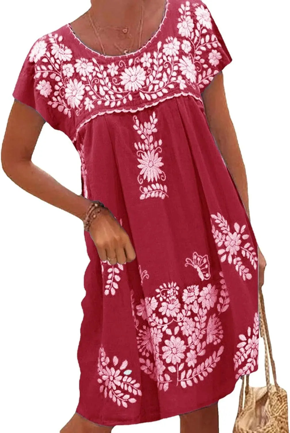 Mexican Dress for Women Short Sleeve Floral Embroidered Fiesta Dress Loose Linen Peasant Dresses
