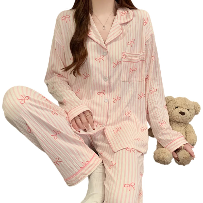 Pink Bow Dtie Design Pajamas for Women Long Sleeve Top & Elastic Waist Pants Pajamas Set Harajuku Style Casual New Home Wear