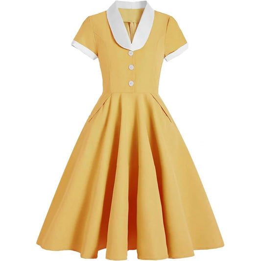 Women 50s 60s Vintage Short Sleeve V-Neck Cocktail Swing Dress
