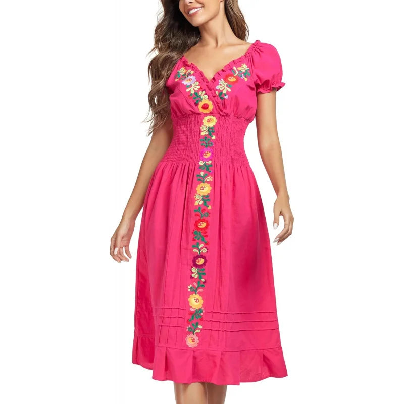 Women Mexican Embroidered Casual Dress Summer Ruffle V Neck Short Sleeves
