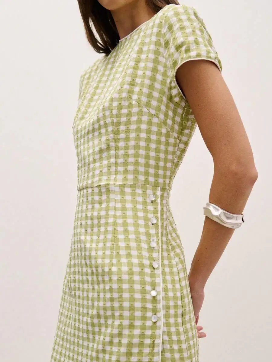 Light Green Gingham Midi Dress With Short Sleeves And Side Buttons