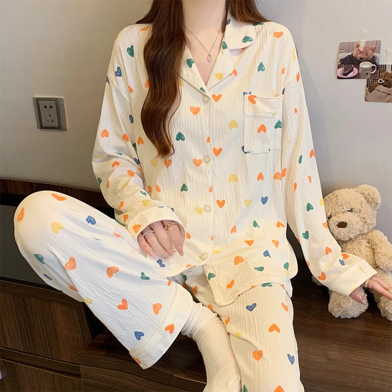 Pink Bow Dtie Design Pajamas for Women Long Sleeve Top & Elastic Waist Pants Pajamas Set Harajuku Style Casual New Home Wear