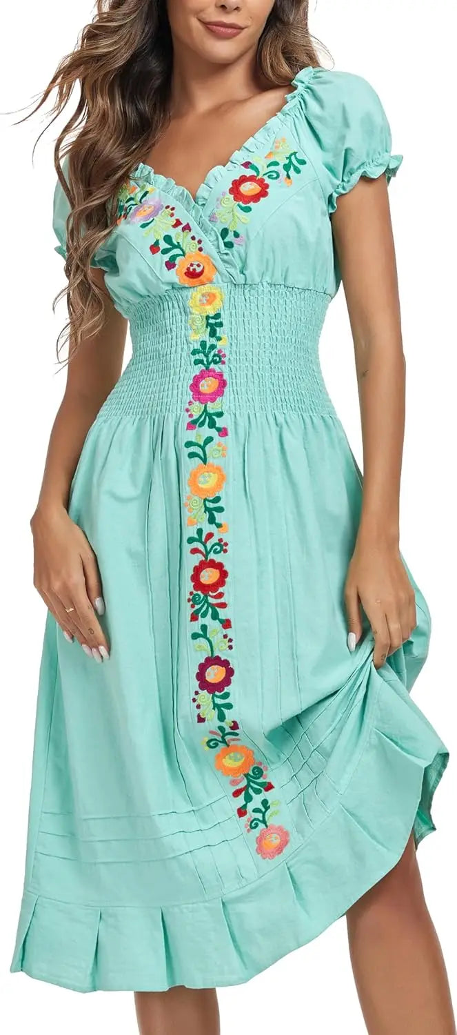 Women Mexican Embroidered Casual Dress Summer Ruffle V Neck Short Sleeves