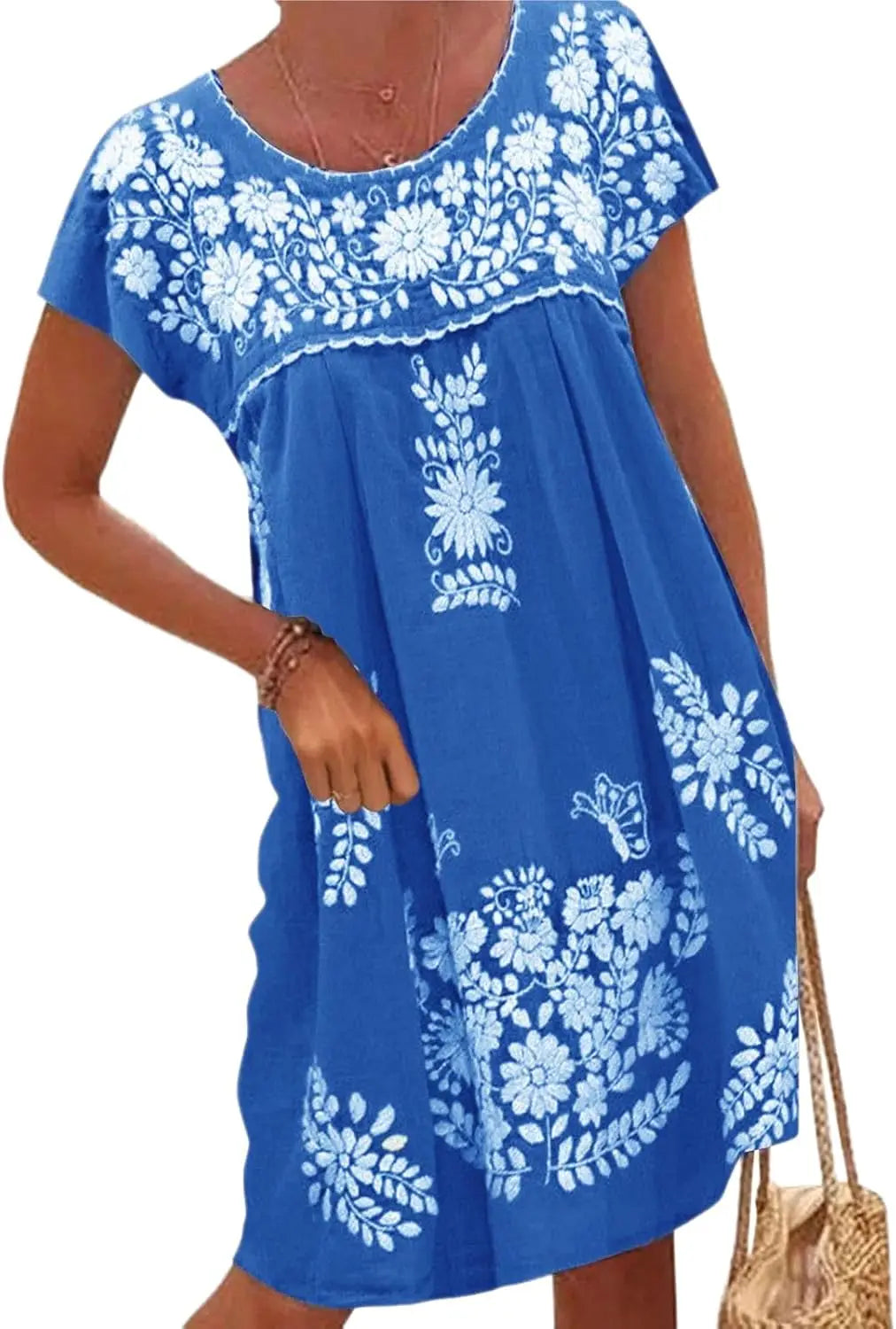 Mexican Dress for Women Short Sleeve Floral Embroidered Fiesta Dress Loose Linen Peasant Dresses