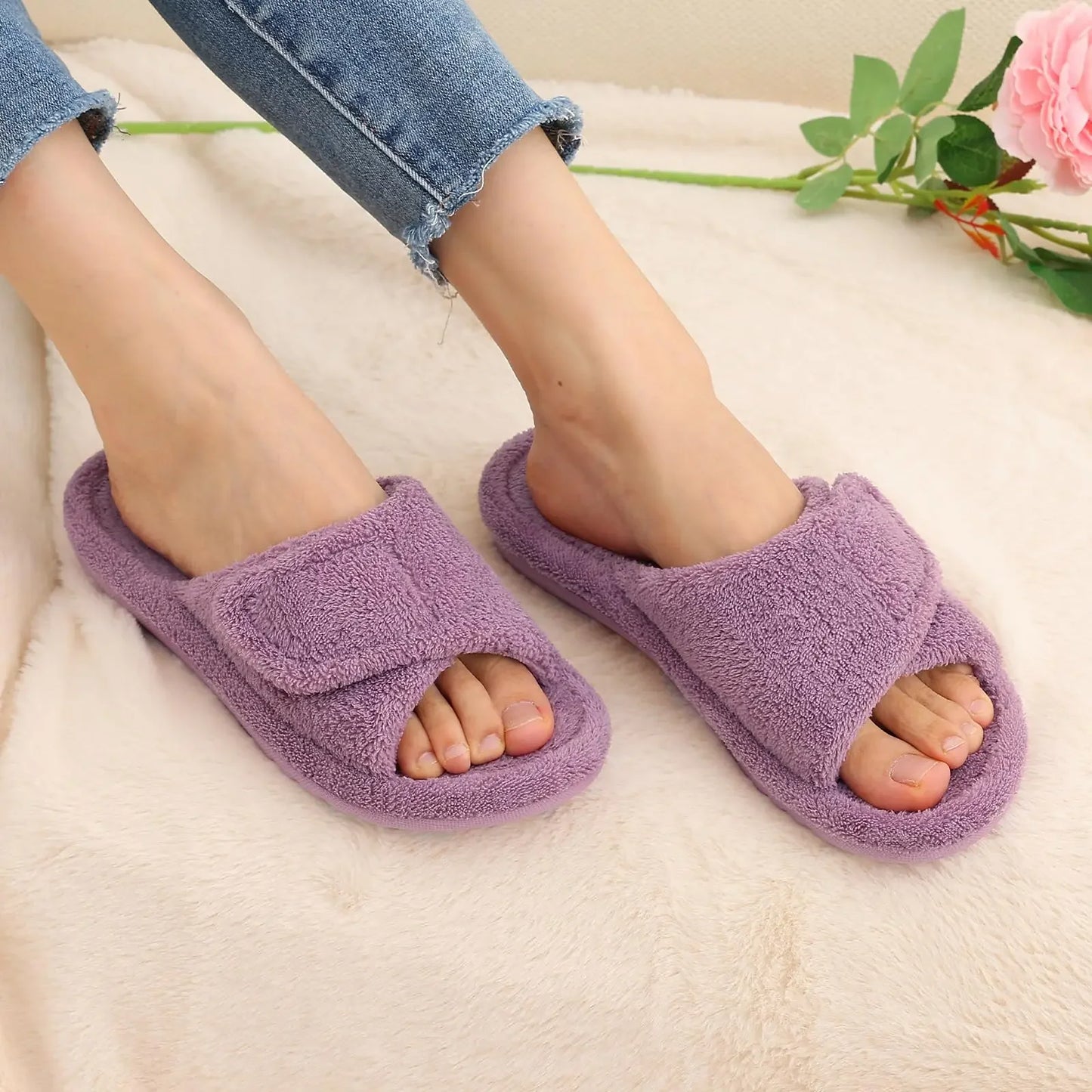 Women Fuzzy House Slippers Orthopedic Plush Slide With Arch Support Non-slip Furry Bedroom Slide Open Toe Fur House Shoes